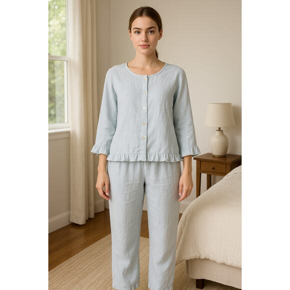 Vntg 90s Linen Pajama Set XS Subtle Tones USA Minimalist Loungewear Cottagecore - Picture 2 of 14